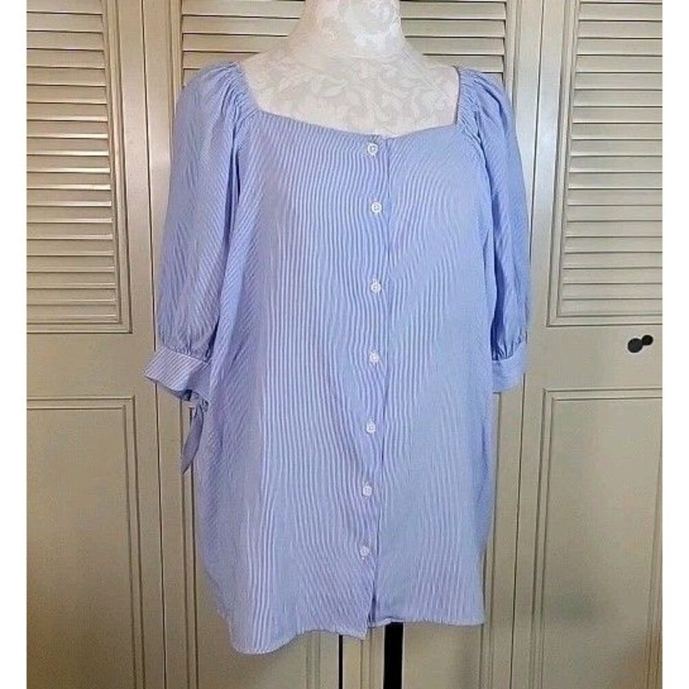 LC Blue/White Stripe Boho Peasant Top, Tie Sleeve, Square Neck Cottagecore Sz 2X